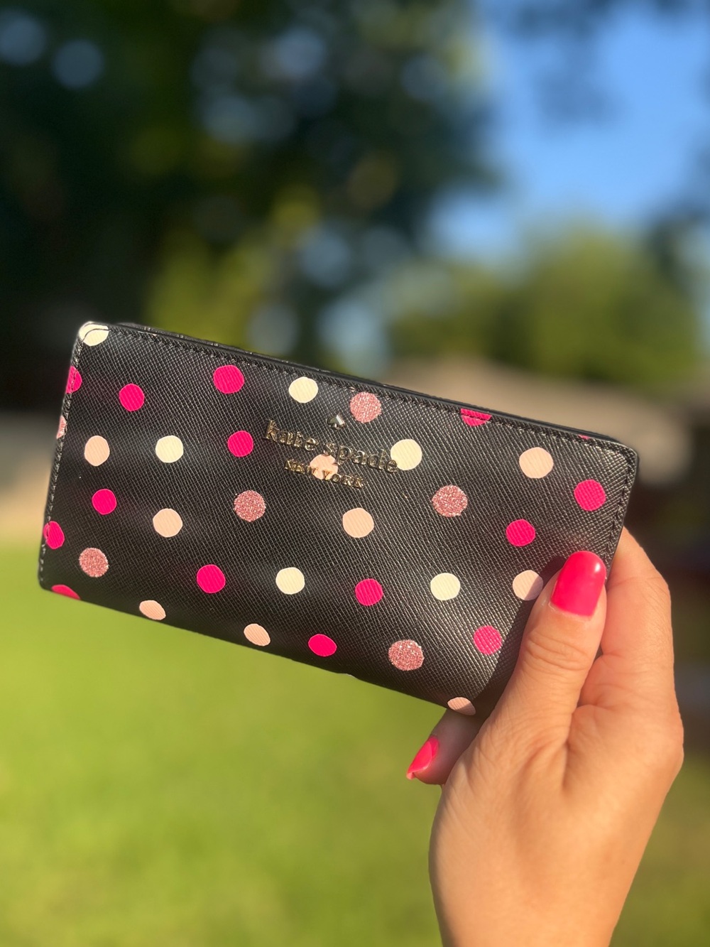 NWOT Kate Spade Black Multi Polkadot Saffiano Leather Slim Bifold Wallet